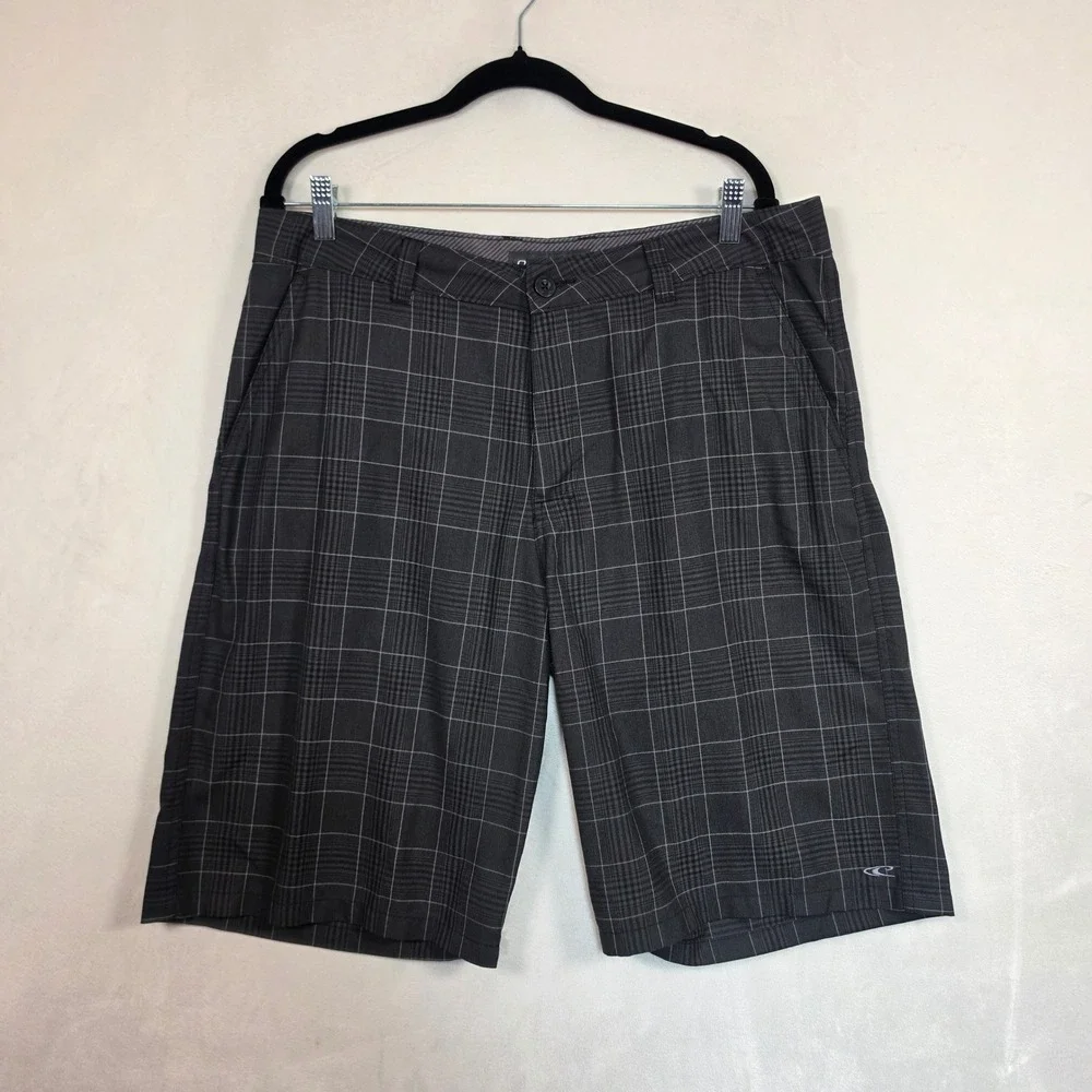 O'Neill Plaid Shorts Mens 36 Gray Black 10.5 Inseam Surf Skater Grunge Y2K